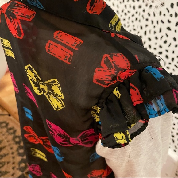 Harajuku Mini Black Primary Color Bow Equality Button Up Collar Sheer Top 4/5 - Picture 6 of 11